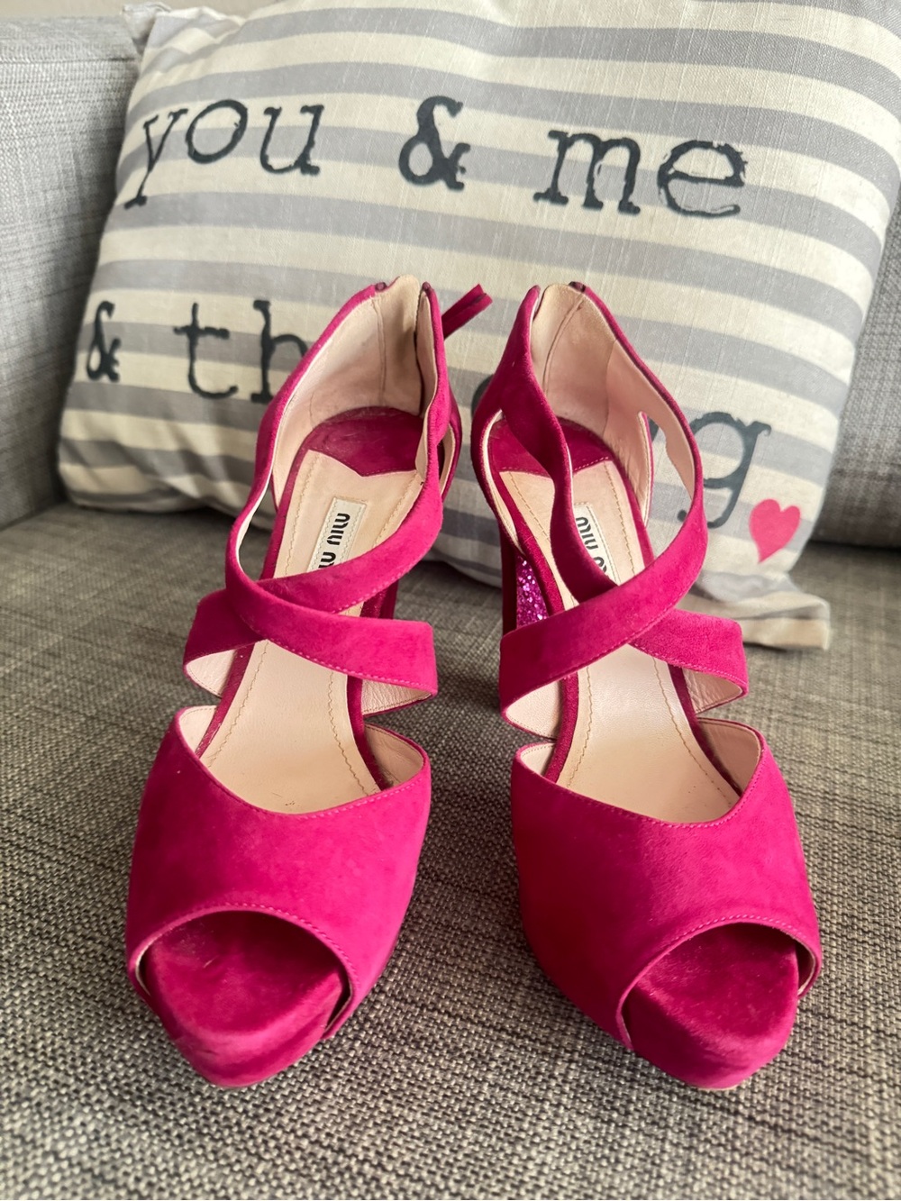Miu Miu Hot Pink Suede Crisscross Peep-Toe Heels